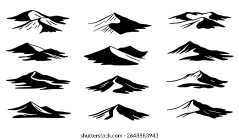 Bold Ink Mountain Landscape Icons for Scenic Outdoor, Hiking, and Wilderness Graphic Design