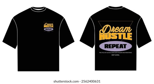 Bold and inspiring black Urban t-shirt design with the powerful message "Dream, Hustle, Repeat" in vibrant yellow and purple. Perfect for go-getters and dream chasers.