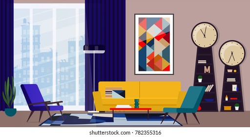 Bold interior design of the living room in the style of the sixties.