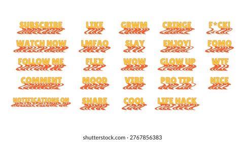Bold internet slang set with wavy orange shadow effects. Cringe, wtf, mood. Energetic lingo. Meme language. Social media buzzwords pack. Funky reflection 70s typography. Lilita One font used