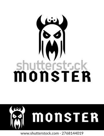 Bold and intimidating monster logo design with sharp features, horns, and a crown element in flat and minimalist style