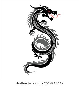 A bold and intricate black and gray tribal-style dragon tattoo design. The dragon is depicted with sharp details and a fierce expression, making it perfect for tattoo enthusiasts or as a striking desi