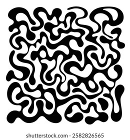 A bold and intricate black and white abstract pattern featuring fluid, maze-like shapes. The high-contrast optical illusion creates a dynamic and modern design, perfect for backgrounds