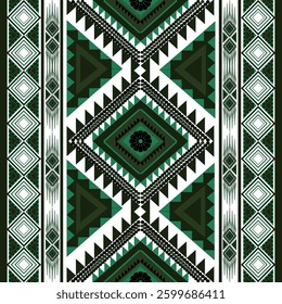 A bold and intricate ethnic geometric pattern featuring striking diamond motifs and tribal-inspired details in deep green, black, and white. This seamless textile design blends traditional craftsmansh