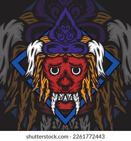 A bold and intricate illustration of a stylized red demon or monster mask. sharp teeth, decorative headdress,design is perfect for fantasy themes, gaming, cultural motifs, and edgy graphic projects.