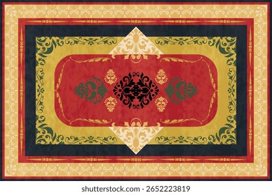 A bold and intricate rug pattern featuring a dramatic blend of black, red, and green tones. Inspired by traditional textile motifs, this design evokes a sense of elegance and cultural richness. Perfec