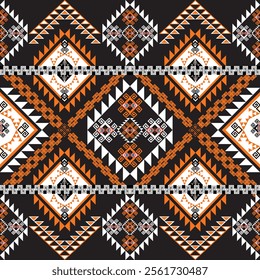 Bold and intricate tribal pattern with orange, black, and white geometric shapes, ideal for fabric, wallpaper, or artistic decor. Perfect for cultural and bohemian designs.