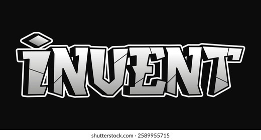 Bold Invent word in graffiti-style typography with a trippy psychedelic design, perfect for t-shirts, posters, and urban fashion. Vector hand drawn doodle cartoon logo illustration icon.