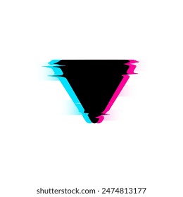 A bold inverted triangle in a glitch style, accented with neon blue and pink highlights. Vector illustration features sharp geometric lines and digital artifacts, creating a striking visual effect.