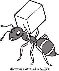 Bold isometric ant carrying sugar cube in clean flat design, ideal for concept-driven visuals, teamwork metaphors, and minimal educational graphics