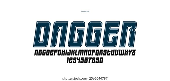 Bold italic sans serif display font for logos headers or slogans, vector thick and heavy geometric typeface, uppercase letters alphabet with numbers, poster and advertising.