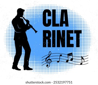 Gráfico com tema de jazz arrojado com uma silhueta de clarinete, ideal para cartazes de música, folhetos de eventos ou promoções de festivais