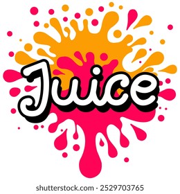 Bold Juice typography with vibrant yellow and red splashes surrounding on white, white letters outlined in black perfect for beverage branding packaging or advertising eye-catching and modern design