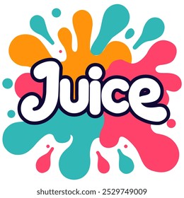 Bold Juice typography with vibrant yellowm blue, pink splashes surrounding, the white letters outlined in black perfect for beverage branding packaging or advertising eye-catching and energetic design