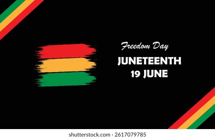 Bold Juneteenth artwork with red, yellow, and green brush strokes and diagonal corner stripes on a black background, symbolizing freedom and African American heritage.