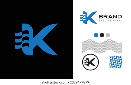 bold K letter logo using wave shape suitable for sports, food, coffee brands with logo variations and pattern for branding designs