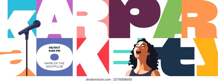 Bold karaoke event horizontal banner with geometric design featuring microphone and singing woman. Perfect for club promotions, concerts and party invitations with modern typography