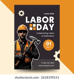 Das Plakat des mutigen Tages der Arbeit zeigt eine Illustration für Bauarbeiter, die den 1. Mai mit modernem Layout, Bekleidungssymbolen und kräftigen Farben feiert. Perfekt für Banner, Flyer und Werbeaktionen.