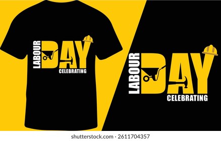 Bold Labour Day T-Shirt Design with Hard Hat and Wheelbarrow Icons, Vector Illustration.