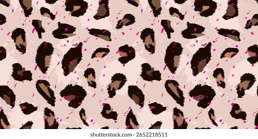 Impressão Leopardo Negrito com Neon Splashes, Padrão Perfeito. Padrão de leopardo moderno com fundo bege líquido e salpicos rosa neon. Perfeito para moda, estilo adolescente, embalagem e decoração de dopamina.