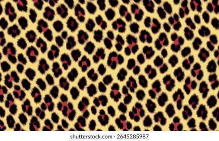 Bold leopard print pattern featuring fluffy black and red spots on a yellow background. Ideal for fashion, textile design, wild themes, and trendy animal-inspired surfaces.