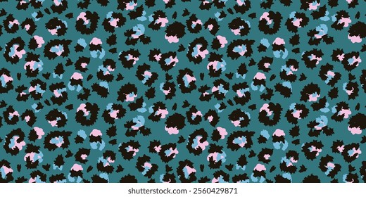 Bold leopard-inspired seamless pattern with black, pink, and blue spots on a teal background. Perfect for fashion, textiles, wallpapers, and graphic design projects with a trendy animal print vibe.