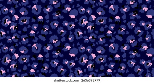 Bold leopard-inspired seamless pattern with blue spots on a navy background. Perfect for fashion, textiles, wallpapers, and graphic design projects with a stylish trendy animal print vibe.