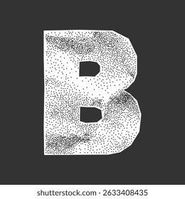 Letra em negrito B em estilo colagem, textura de papel rugoso amassado. Olhar de nota de resgate escolar, meio tom stipple sombreamento, grunge estética.