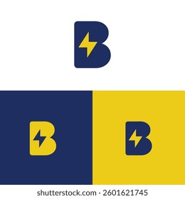 Bold letter B integrates a lightning bolt, shown in variations of blue and yellow Ideal for branding and electrifying visual identity.
