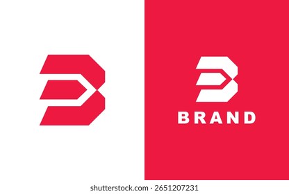 Letra negrito B logotipo com seta cortada em estilo geométrico vermelho e branco para marca moderna ou identidade técnica