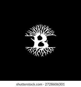Logotipo de la letra B en negrita integrado con un roble fuerte y raíces profundas. Diseño de Vector sólido para desarrollo inmobiliario, consultoría financiera y empresas de inversión a largo plazo.