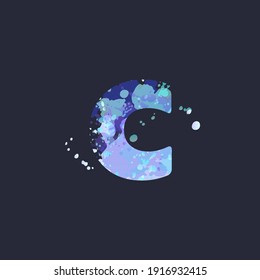 Bold letter C with effect of liquid spots of paint in blue, white, purple colors on dark navy background. Decoration element for winter design of a flyer, poster, calendar, cover, title. Vector EPS10