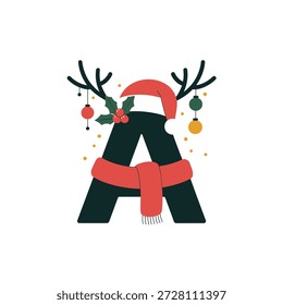 Ein Weihnachtsmonogramm, Weihnachtsmütze, Rentiergeweih, Strickschal, hängende Ornamente, goldenes Konfetti, Karneval