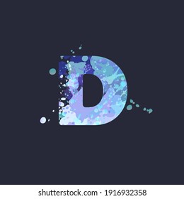 Bold letter D with effect of liquid spots of paint in blue, white, purple colors on dark navy background. Decoration element for winter design of a flyer, poster, calendar, cover, title. Vector EPS10