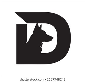 A bold letter D logo with a dog silhouette integrated into the letter, clean black and white vector, high contrast, professional design, no background.