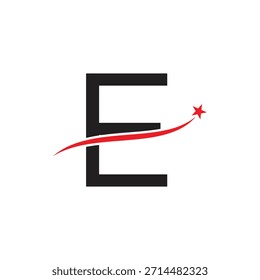 Diseño de logotipo de letra E en negrita con Vector Swoosh de estrella roja. Icono inicial moderno para el éxito, el logro y la marca Corporativa.