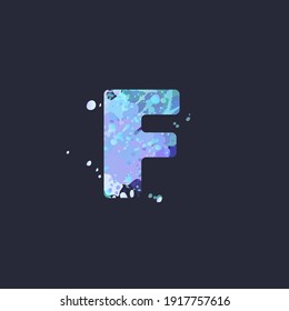 Bold letter F with effect of liquid spots of paint in blue, white, purple colors on dark navy background. Decoration element for winter design of a flyer, poster, calendar, cover, title. Vector EPS10