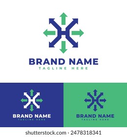 Bold letter H with arrows from various directions, letter H logo with an arrow in all directions, letter H logo with eight directional arrows symbol icon flat logo stock vector design 
