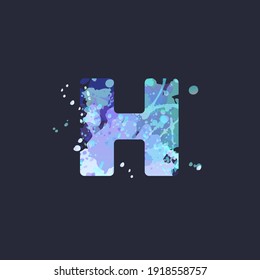 Bold letter H with effect of liquid spots of paint in blue, white, purple colors on dark navy background. Decoration element for winter design of a flyer, poster, calendar, cover, title. Vector EPS10