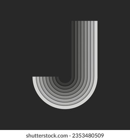 Bold letter J monogram 3d logo, gray parallel ribbons creative layers pattern geometric smooth stripes curves shapes, striped pattern paper cut style emblem, identity typography mark design.