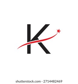 Diseño de logotipo de letra K con Vector Swoosh de estrella roja. Icono inicial moderno para el éxito, el logro y la marca Corporativa.