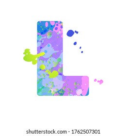 Bold letter L with effect of liquid spots of paint in blue, green, pink colors, isolated on white background. Decoration element for design of a flyer, poster, calendar, cover, title. Vector EPS10