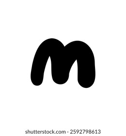 Bold letter M of latin english language. Black font symbol in hand drawn doodle style. Vector illustration isolated on white background. For presentation, logo, branding, font, education.