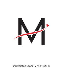 Bold Letter M Logo Design with Red Star Swoosh Vector. Modern Initial Icon for Success, Achievement, and Corporate Branding.
