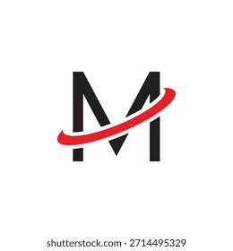 Letra em negrito M modelo de vetor de design de logotipo. Ícone abstrato do monograma de negócios com órbita vermelha dinâmica do sopro. Identidade de marca corporativa moderna inicial