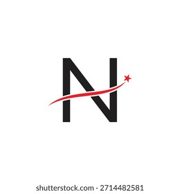 Design do logotipo da letra N em negrito com vetor Swoosh da estrela vermelha. Ícone inicial moderno para o sucesso, realização e marca corporativa.