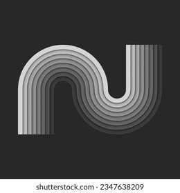 Bold letter N monogram logo initial, gray parallel ribbons creative layers pattern geometric smooth curves shapes, 3d stripes paper cut style design emblem, identity typography mark.