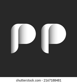 Efecto 3d del logotipo de letra negrita P con sombras gradiente negro y blanco, conjunto de letras de forma redondeadas lisas.