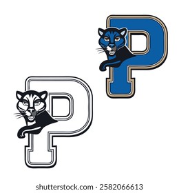 A bold letter "P" with a sleek panther curled around it, featuring intricate details and sharp lines, creating a dynamic and fierce design perfect for coloring.