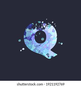 Bold letter Q with effect of liquid spots of paint in blue, white, purple colors on dark navy background. Decoration element for winter design of a flyer, poster, calendar, cover, title. Vector EPS10